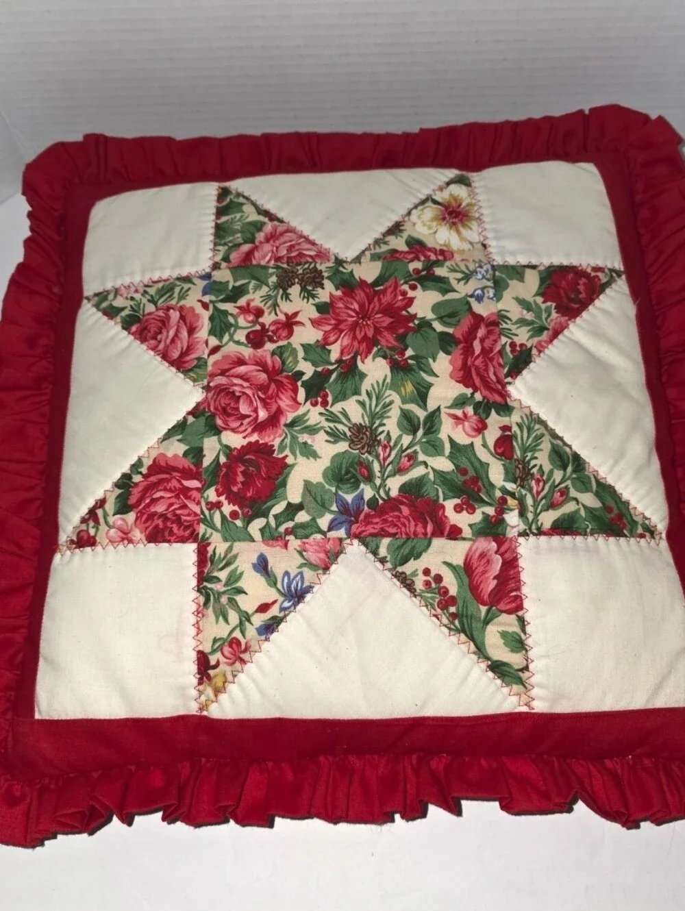 Vintage Handmade Quilted Pillow Floral Patchwork Star Ruffle Cottagecore Cottage